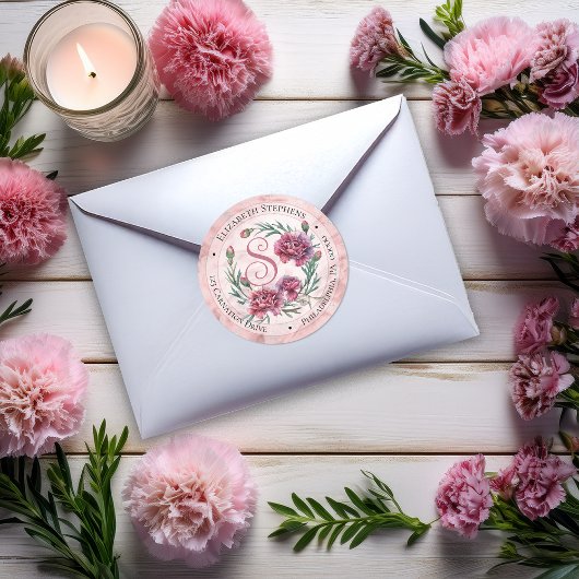 Sticker Rond Elegant Boho Pink Carnations Floral Return Address