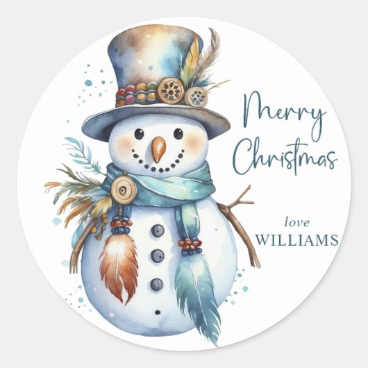 Sticker Rond Élégant Boho Snowman Joyeux Noël (Devant)