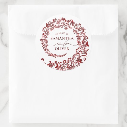 Sticker Rond Élégant Bold Red Mariage damassé (Sac)
