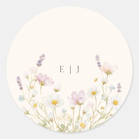 Sticker Rond Elegant Botanical Wildflowers Monogram Wedding (Devant)