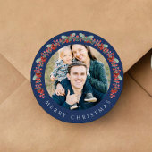 Sticker Rond Elegant Botanical Wreath Photo Christmas