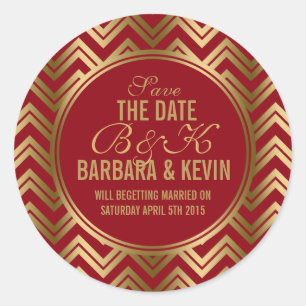 Sticker Rond Elégant Bourgogne & Or Géométrique Zigzag Chevron