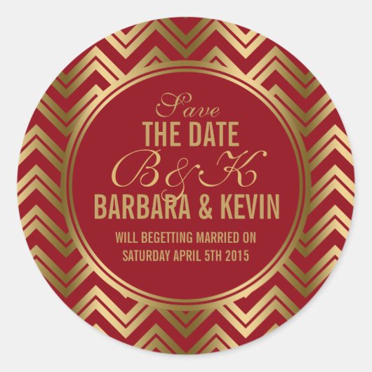 Sticker Rond Elégant Bourgogne & Or Géométrique Zigzag Chevron (Devant)