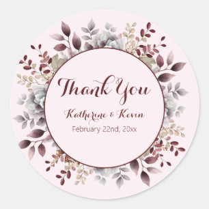 Sticker Rond Elégant Burgandy Dusty Rose Blush Floral Mariage