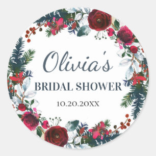 Sticker Rond Élégant Burgundy Roses d'hiver Floral BRIDAL SHOWE