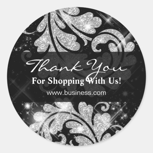 Sticker Rond Elegant Business Thank You Silver Glitter Floral (Devant)