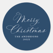 Sticker Rond Elegant Calligraphy Navy Merry Christmas (Devant)