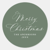 Sticker Rond Elegant Calligraphy Sage Green Merry Christmas (Devant)