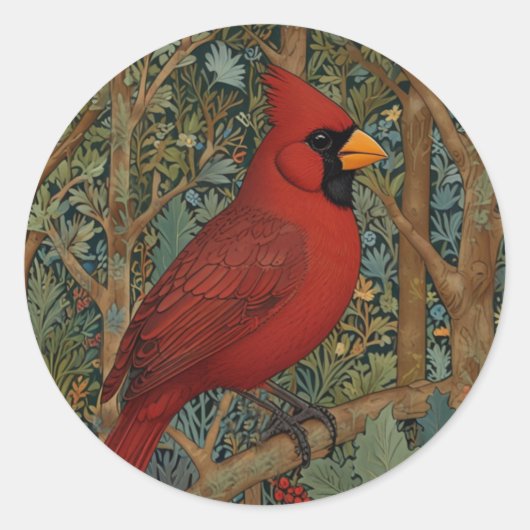 Sticker Rond Elégant cardinal rétro Art Nouveau rouge oiseau (Devant)