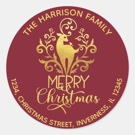 Sticker Rond Elégant Cerf Or Joyeux Noël Adresse Rouge (Devant)