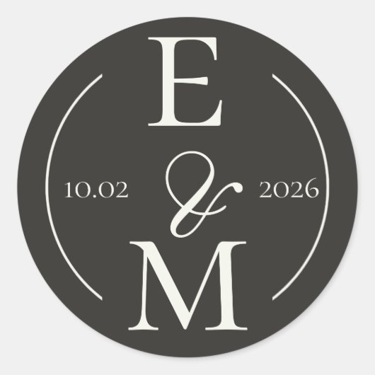 Sticker Rond Elegant Charcoal Modern Monogram Date Wedding (Devant)