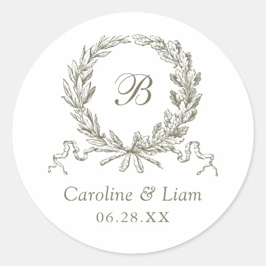 Sticker Rond Élégant chêne d'Olive Mariage Monogramme (Devant)