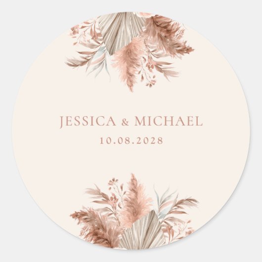 Sticker Rond Élégant Chic Boho Pampas Mariage Floral (Devant)
