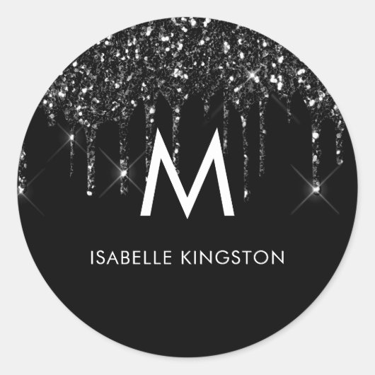 Sticker Rond Élégant Chic Monogramme Black Parties scintillant  (Devant)