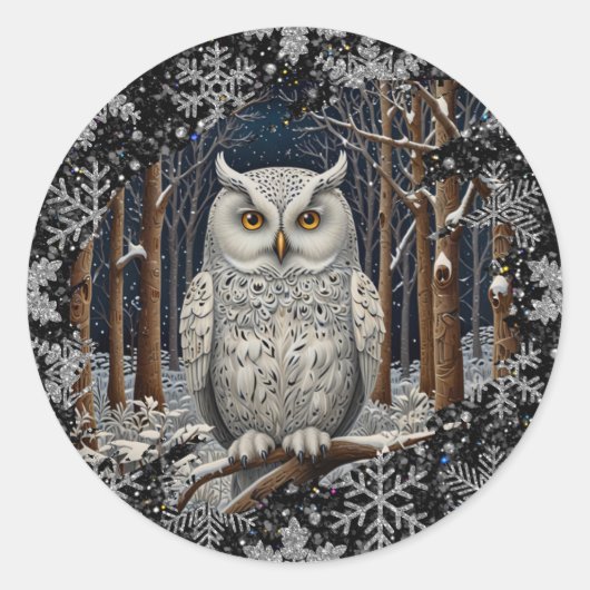 Sticker Rond Elegant Christmas white owl woodland winter forest (Devant)