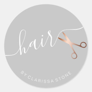 Sticker Rond Elégant ciseaux rose or & gris coiffeuse