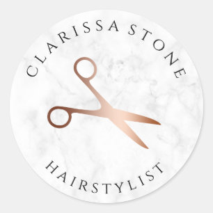 Sticker Rond Elégant ciseaux rose or & marbre coiffeuse