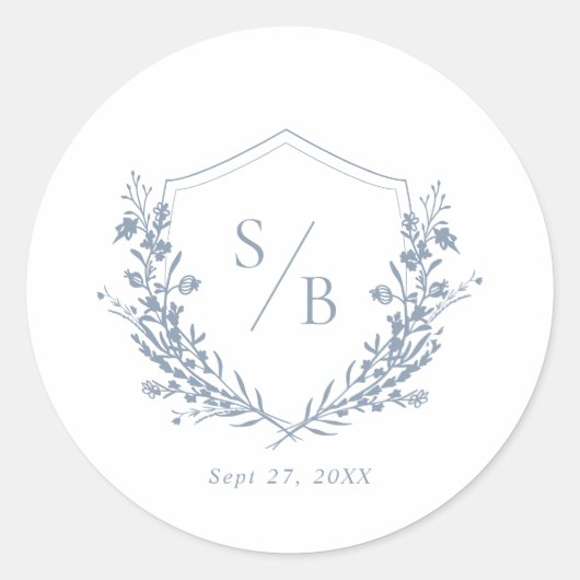 Sticker Rond Élégant classique Dusty Blue Monogram Crest Mariag (Devant)