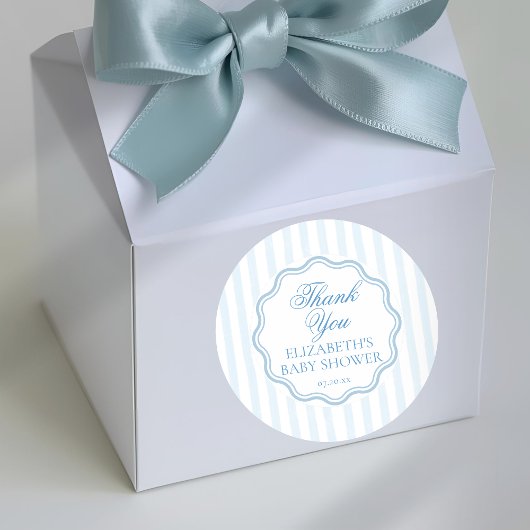 Sticker Rond Elegant Coastal Blue Stripe Wavy Script Thank You