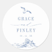 Sticker Rond Elegant Coastal Chic Blue Seaside Wedding (Devant)