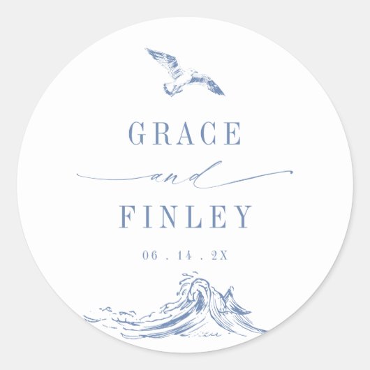 Sticker Rond Elegant Coastal Chic Blue Seaside Wedding (Devant)