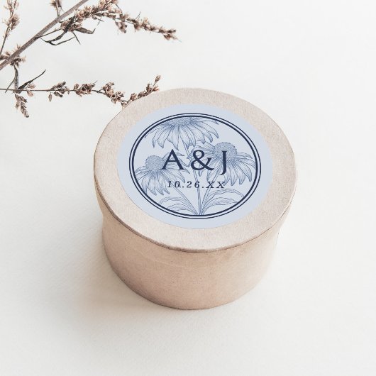 Sticker Rond Élégant Confleur Botanique Dusty Mariage Bleu