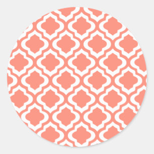 Sticker Rond Elégant Coral Marocain Trellis Quatrefoil Clover