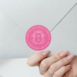Sticker Rond Élégant Crête Rose Adresse de Retour de Mariage