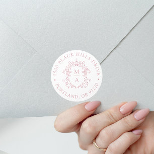 Sticker Rond Élégant Crête Rose Pâle Adresse de Retour de Maria
