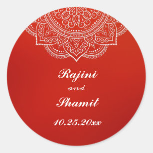 Sticker Rond Élégant Crimson Blanc Indien Mariage Paisley