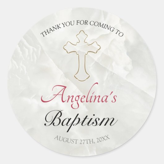 Sticker Rond Elégant Croix Or Marbre Baby Baptism Merci (Devant)