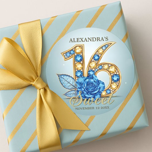 Sticker Rond Elegant Crystal Blue Rose Gold Gemstone Sweet 16