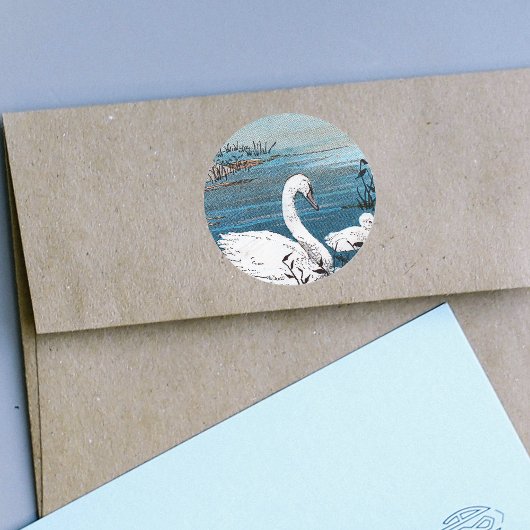 Sticker Rond Elégant Cygne Blanc Avec Bébé