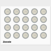 Sticker Rond Élégant Damas bleu et beige avec Monogramme (Feuille)