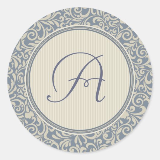 Sticker Rond Élégant Damas bleu et beige avec Monogramme (Devant)