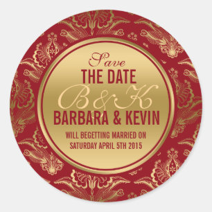Sticker Rond Élégant Damas de dentelle florale bordeaux & or