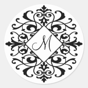 Sticker Rond Élégant Damas noir blanc défilement Monogramme ini