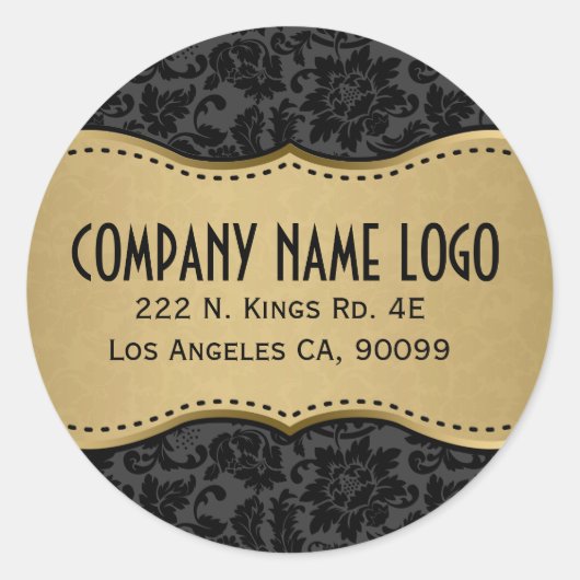Sticker Rond Élégant Damas Noir Et Or (Devant)
