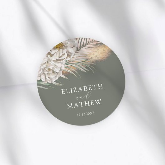 Sticker Rond Elegant Dark Sage Pampas Grass Wedding