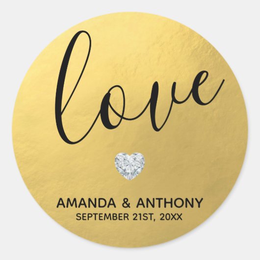 Sticker Rond Elégant Diamond Heart LOVE Gold Foil Mariage Seals (Devant)