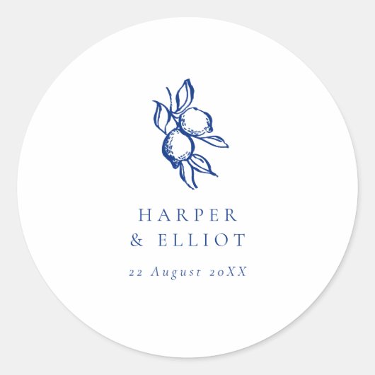 Sticker Rond Elegant Doodle Blue Lemons Wedding Favor (Devant)