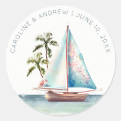 Sticker Rond Elégant Dusky Turquoise Sailboat Palm Mariage mari (Devant)