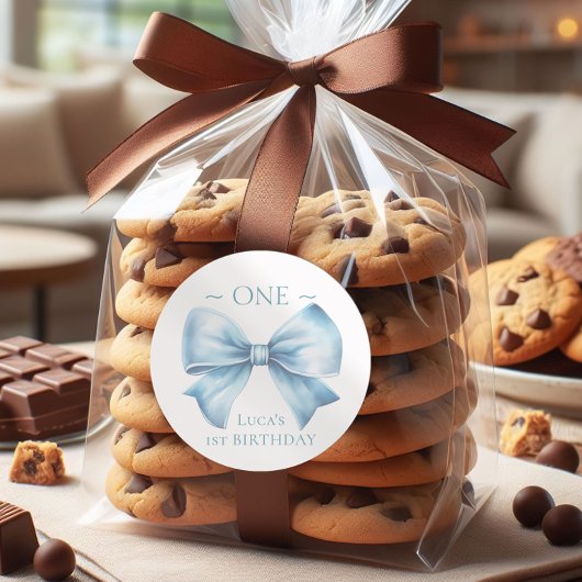 Sticker Rond Elégant Dusty Blue Bow Premier garçon Anniversaire