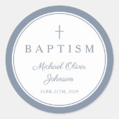 Sticker Rond Elegant Dusty Blue Cross Boy Baptism (Devant)