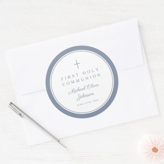 Sticker Rond Elegant Dusty Blue Cross Boy First Communion  (Enveloppe)