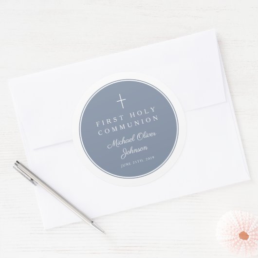Sticker Rond Elegant Dusty Blue Cross Boy First Communion  (Enveloppe)