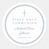 Sticker Rond Elegant Dusty Blue Cross Boy First Holy Communion (Devant)