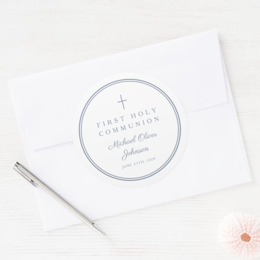 Sticker Rond Elegant Dusty Blue Cross Boy First Holy Communion (Enveloppe)