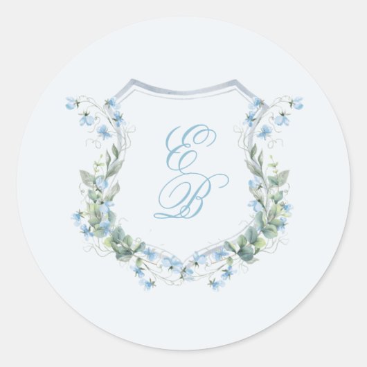 Sticker Rond Elegant Dusty Blue Floral Crest Wedding (Devant)