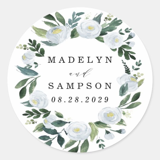 Sticker Rond Elégant Dusty Blue Floral Rustic Garden Mariage (Devant)